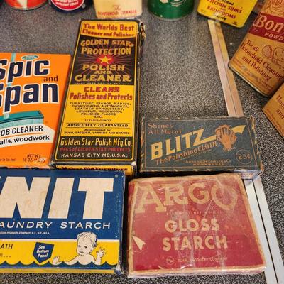 Large Collection Vintage Cleaning Cans Packages Sunbrite, Bon Ami, Octagon, Babbitt's Bab-O & Others