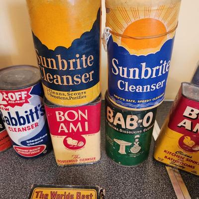 Large Collection Vintage Cleaning Cans Packages Sunbrite, Bon Ami, Octagon, Babbitt's Bab-O & Others