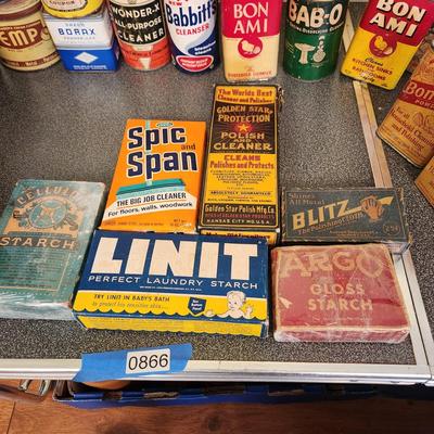 Large Collection Vintage Cleaning Cans Packages Sunbrite, Bon Ami, Octagon, Babbitt's Bab-O & Others