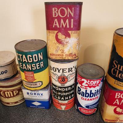 Large Collection Vintage Cleaning Cans Packages Sunbrite, Bon Ami, Octagon, Babbitt's Bab-O & Others