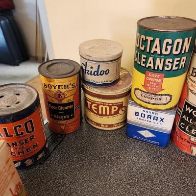 Large Collection Vintage Cleaning Cans Packages Sunbrite, Bon Ami, Octagon, Babbitt's Bab-O & Others