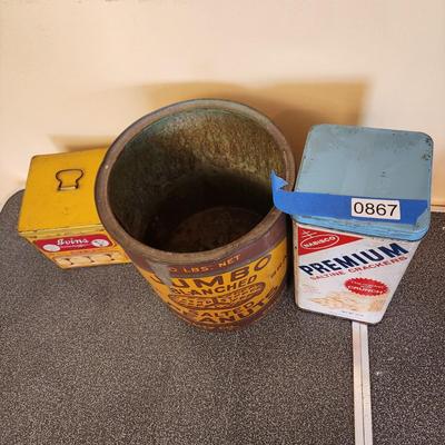 3 Tin Cans Ivins Biscuits, Nabisco, Oval Chicago Jumbo Salted Peanuts Can 10 lb.