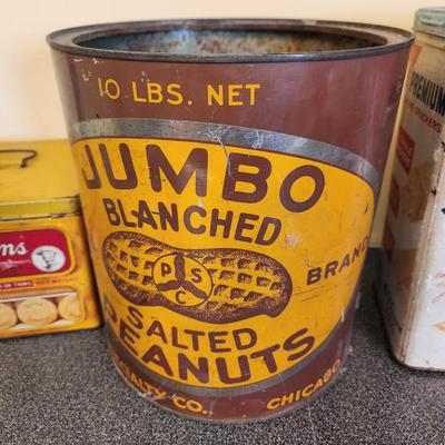 3 Tin Cans Ivins Biscuits, Nabisco, Oval Chicago Jumbo Salted Peanuts Can 10 lb.