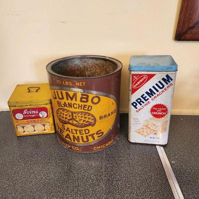 3 Tin Cans Ivins Biscuits, Nabisco, Oval Chicago Jumbo Salted Peanuts Can 10 lb.