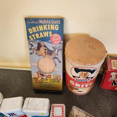 Collectable Lot Spice cans, Kool Aid , Planters Peanuts, Quaker Oats , Mother Goose Straws