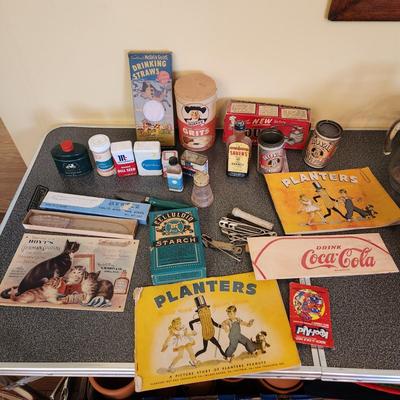 Collectable Lot Spice cans, Kool Aid , Planters Peanuts, Quaker Oats , Mother Goose Straws