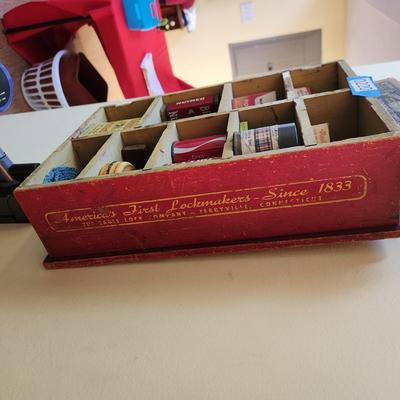 Eagle Lock Co Wooden Crate Filled w collectables Irwin Bit, Ben-Hur McCormick Spices
