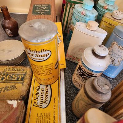 , Large Collectable Lot, Log Cabin, Powders, Ice bags, Dr Scholls , Ginger, Mennen's and More