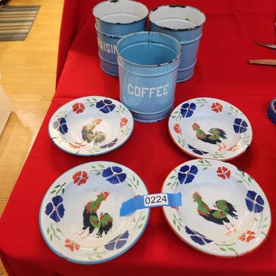 Lot of Enamelware Raised Letters Cans & 4 Chicken Bowls