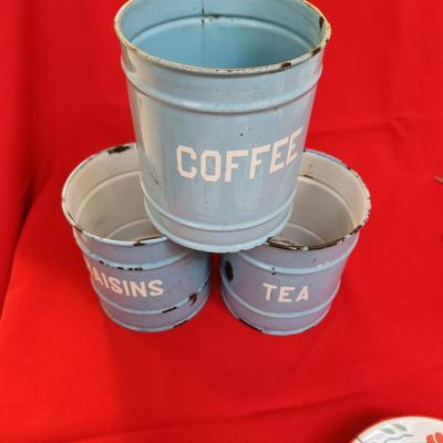 Lot of Enamelware Raised Letters Cans & 4 Chicken Bowls