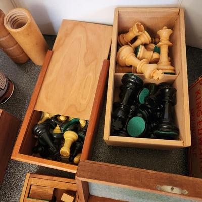 Collection of Games Marbles Marble Shooter, Pickup Sticks, Chess Pieces, Wood Puzzles