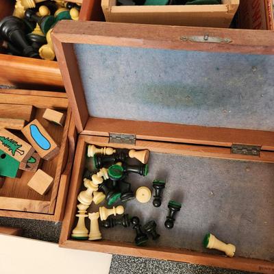 Collection of Games Marbles Marble Shooter, Pickup Sticks, Chess Pieces, Wood Puzzles
