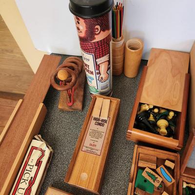 Collection of Games Marbles Marble Shooter, Pickup Sticks, Chess Pieces, Wood Puzzles
