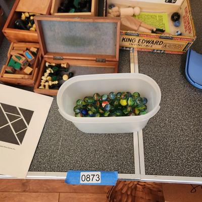 Collection of Games Marbles Marble Shooter, Pickup Sticks, Chess Pieces, Wood Puzzles