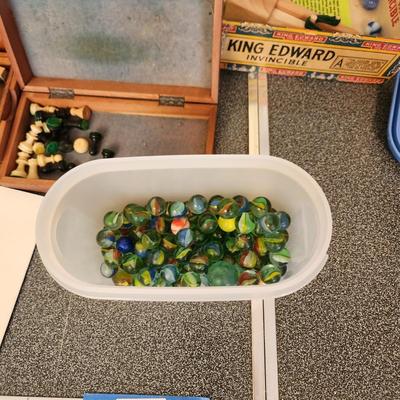 Collection of Games Marbles Marble Shooter, Pickup Sticks, Chess Pieces, Wood Puzzles