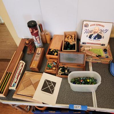 Collection of Games Marbles Marble Shooter, Pickup Sticks, Chess Pieces, Wood Puzzles