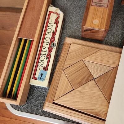 Collection of Games Marbles Marble Shooter, Pickup Sticks, Chess Pieces, Wood Puzzles