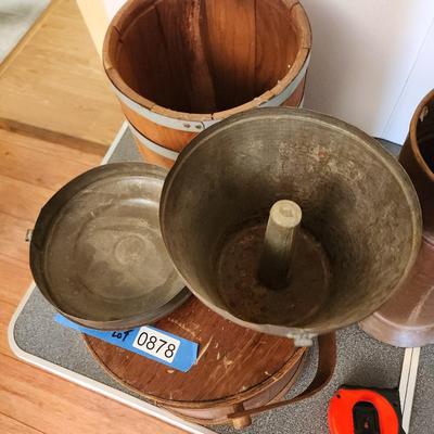 4 Piece Primitive Lot Barrel , Brass Umbrella Cane Holder, Wood Bucket