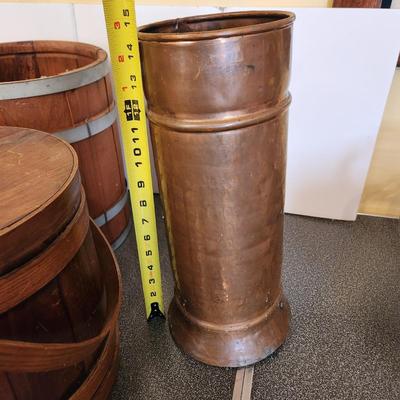 4 Piece Primitive Lot Barrel , Brass Umbrella Cane Holder, Wood Bucket
