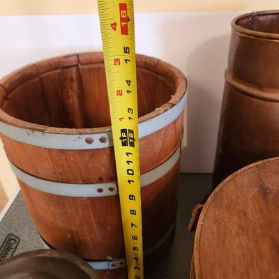 4 Piece Primitive Lot Barrel , Brass Umbrella Cane Holder, Wood Bucket