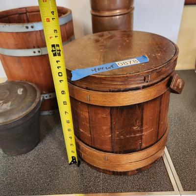 4 Piece Primitive Lot Barrel , Brass Umbrella Cane Holder, Wood Bucket