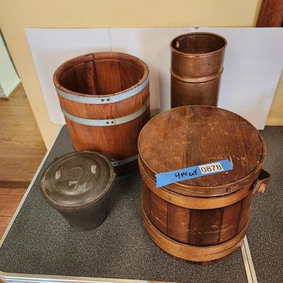 4 Piece Primitive Lot Barrel , Brass Umbrella Cane Holder, Wood Bucket