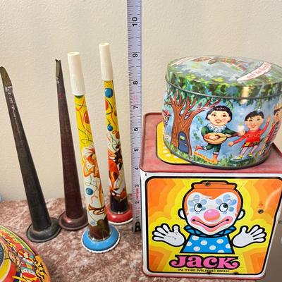 Vintage Metal Tin Toys Lot Ohio Art Noise Makers Jack in the Box