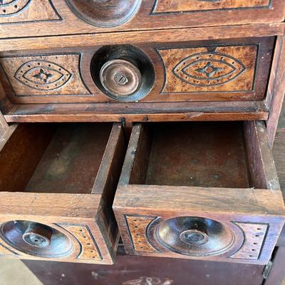 Antique Carved Wood Sewing Box, Drawers, Accessories