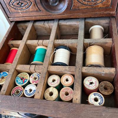 Antique Carved Wood Sewing Box, Drawers, Accessories