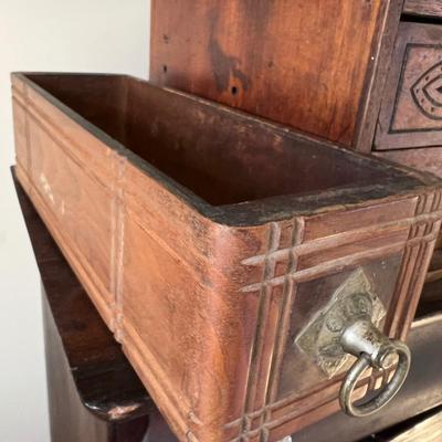 Antique Carved Wood Sewing Box, Drawers, Accessories