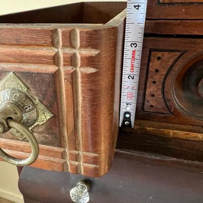 Antique Carved Wood Sewing Box, Drawers, Accessories