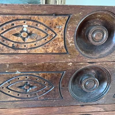 Antique Carved Wood Sewing Box, Drawers, Accessories