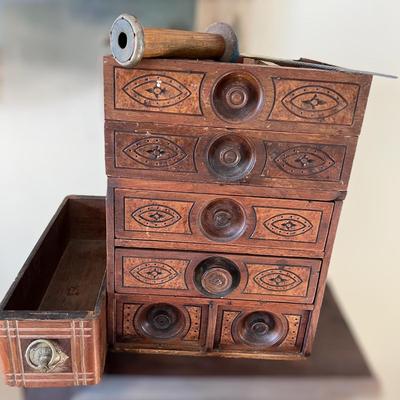 Antique Carved Wood Sewing Box, Drawers, Accessories