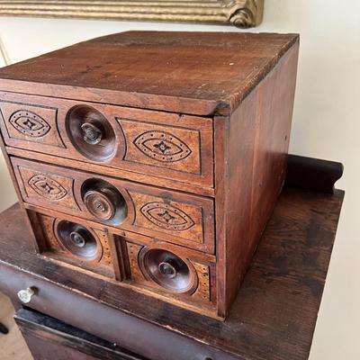 Antique Carved Wood Sewing Box, Drawers, Accessories