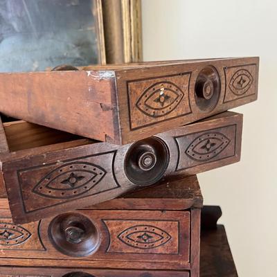 Antique Carved Wood Sewing Box, Drawers, Accessories