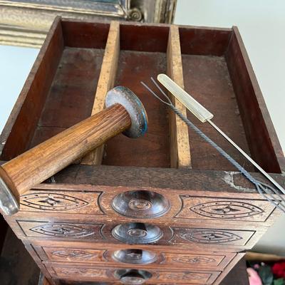 Antique Carved Wood Sewing Box, Drawers, Accessories