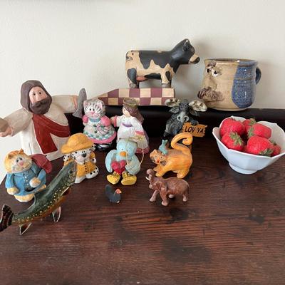 Kitch Carved Wood Ceramic Figurines Collectibles Lot