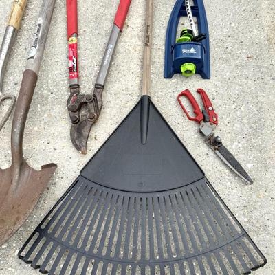 8 Piece Yard Tool Lot - Pole Pruner, Loppers, Axe, Shovel, Rake