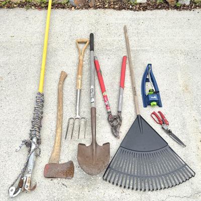 8 Piece Yard Tool Lot - Pole Pruner, Loppers, Axe, Shovel, Rake