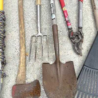 8 Piece Yard Tool Lot - Pole Pruner, Loppers, Axe, Shovel, Rake