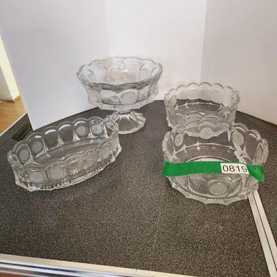 4 Pieces Fostoria Coin Glass Serving Bowls Oval Round Clear Scalloped Edge Frosted Coins