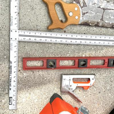 Toolbox Lot - Large Toolbox, T-Square, Levels, Saws, Socket Set