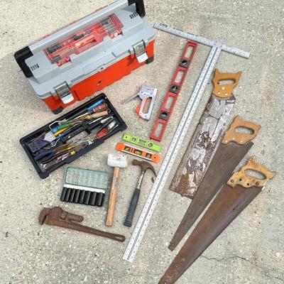 Toolbox Lot - Large Toolbox, T-Square, Levels, Saws, Socket Set