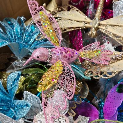 Box full of Glittery, Sequined Clip On Birds, Butterflies, and Flowers