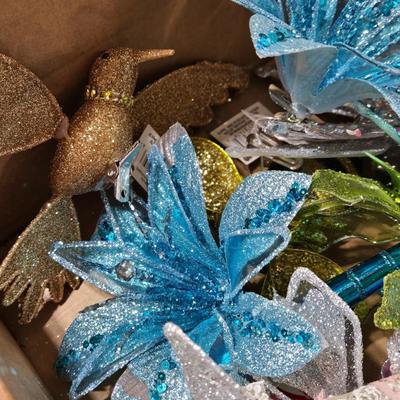Box full of Glittery, Sequined Clip On Birds, Butterflies, and Flowers