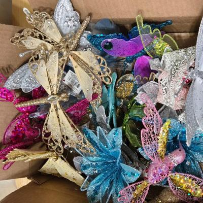 Box full of Glittery, Sequined Clip On Birds, Butterflies, and Flowers