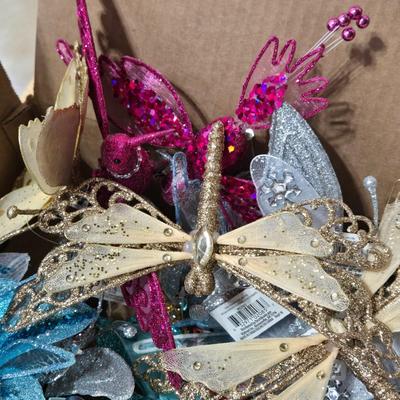 Box full of Glittery, Sequined Clip On Birds, Butterflies, and Flowers