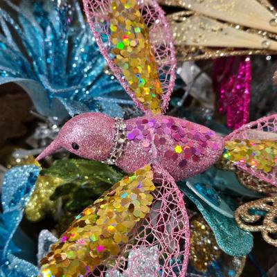 Box full of Glittery, Sequined Clip On Birds, Butterflies, and Flowers