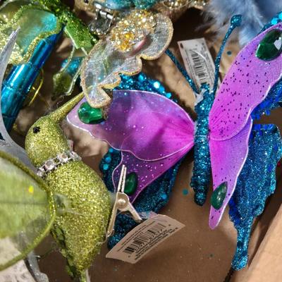 Box full of Glittery, Sequined Clip On Birds, Butterflies, and Flowers