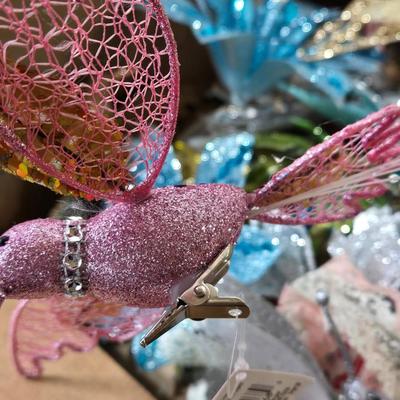 Box full of Glittery, Sequined Clip On Birds, Butterflies, and Flowers